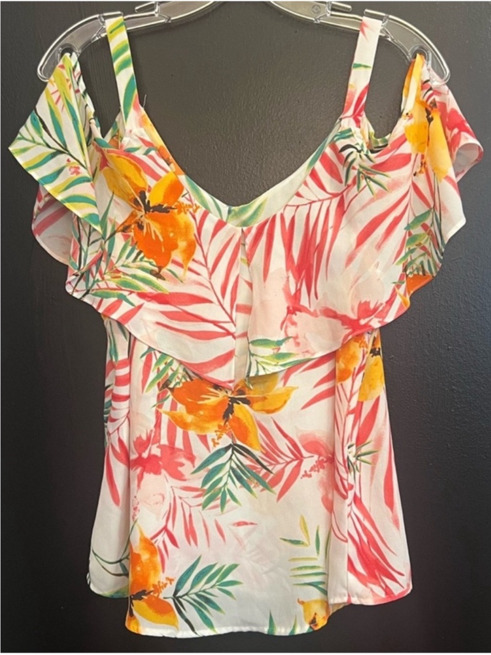 NY&C Tropical Ruffle Cami Tank Top - White with Pink & Green Tropical Print - Picture 3 of 5
